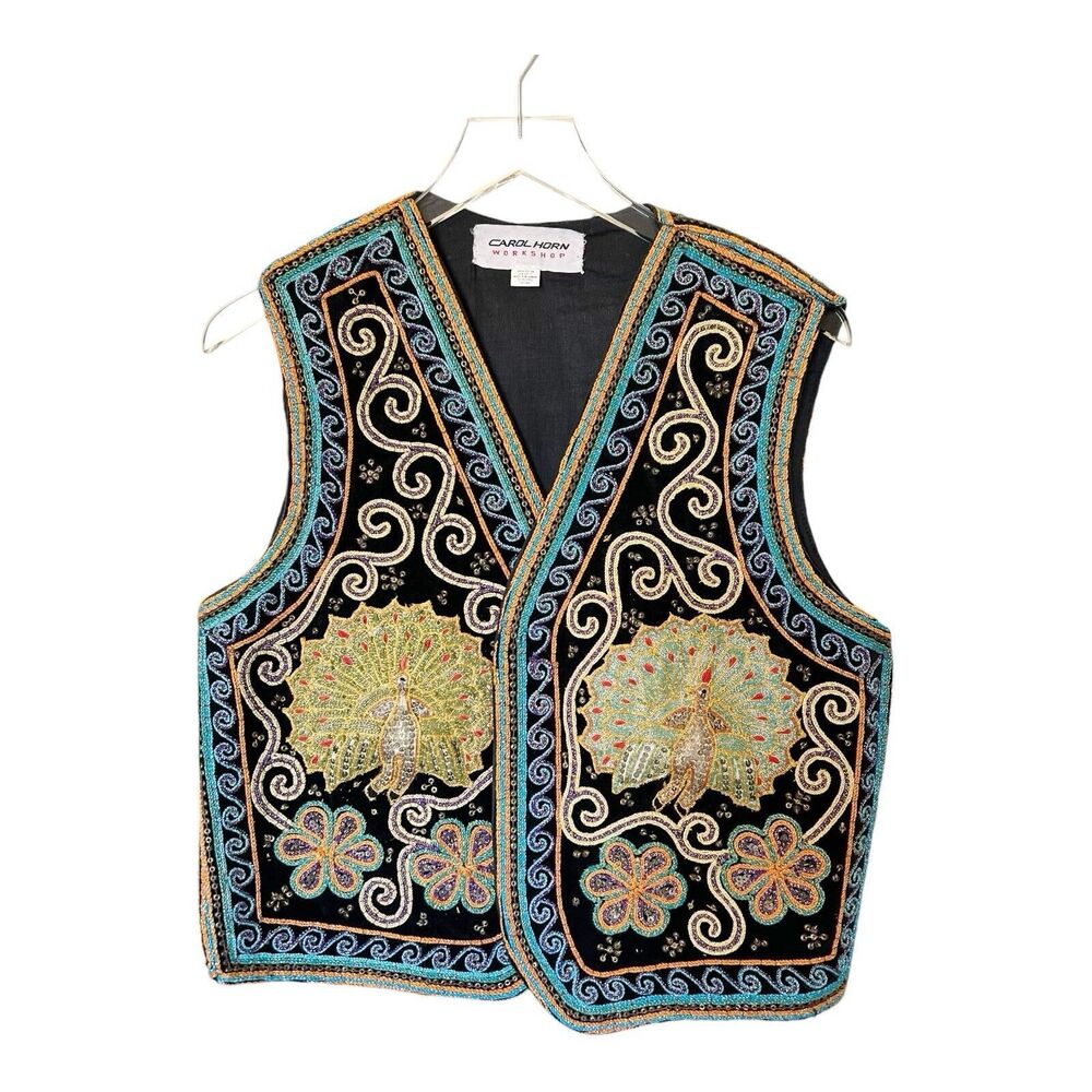 Vtg Carol Horn Workshop Peacock Vest Embeliished Beaded Art To Wear